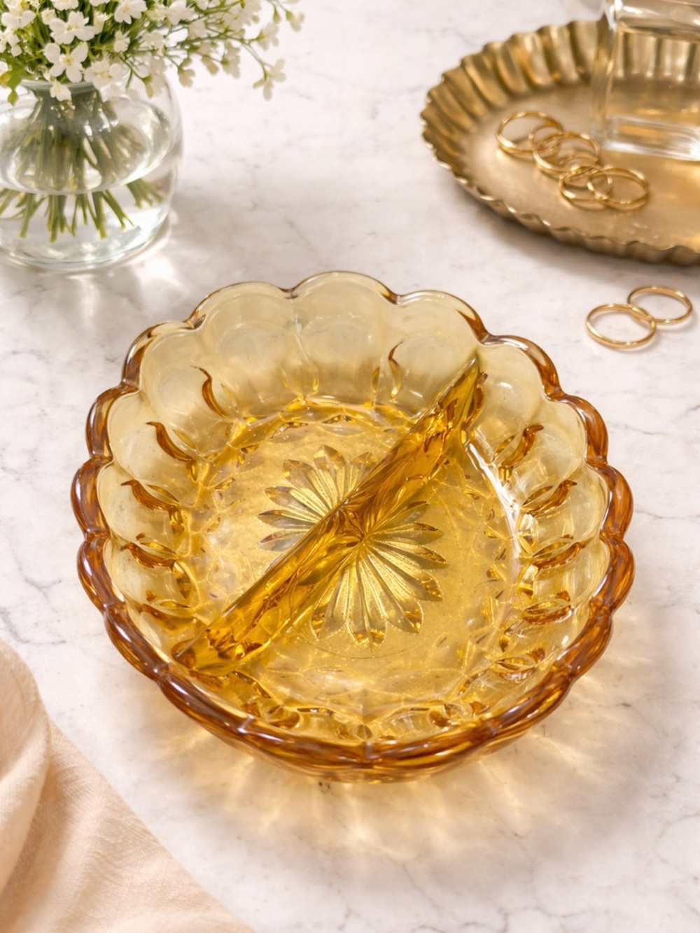 Vintage Anchor Hocking Amber Glass Divided Dish 7x5 Glass Candy Trinket Bowl